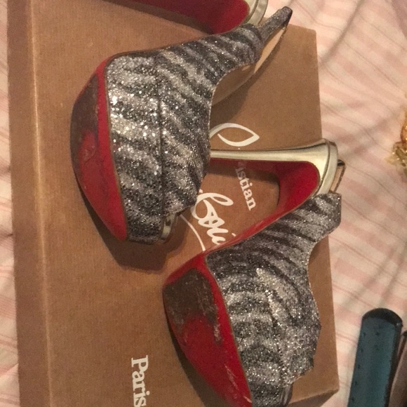Christian Louboutin Sz 37 Lady Peep Glitter Heels - Picture 5 of 5
